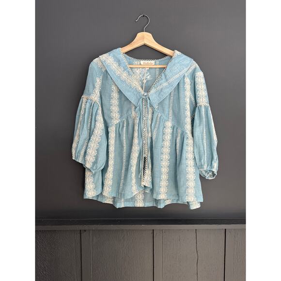Listicle Tops - Listicle Head in the Clouds Embroidered Button Front Blouse Top Blue NEW Large